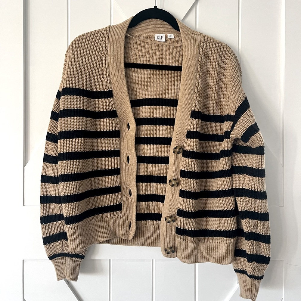 GAP Beige and Black Striped Chunky Knit Cardigan